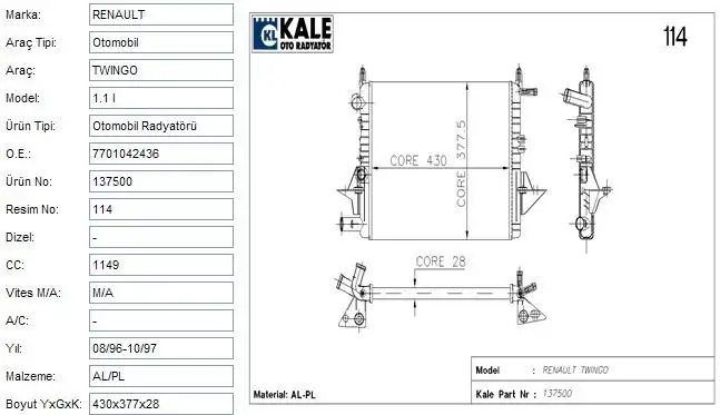 KALE 0524242AL Radyatör