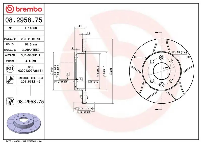 BREMBO 08.2958.75 Ön Fren Diski