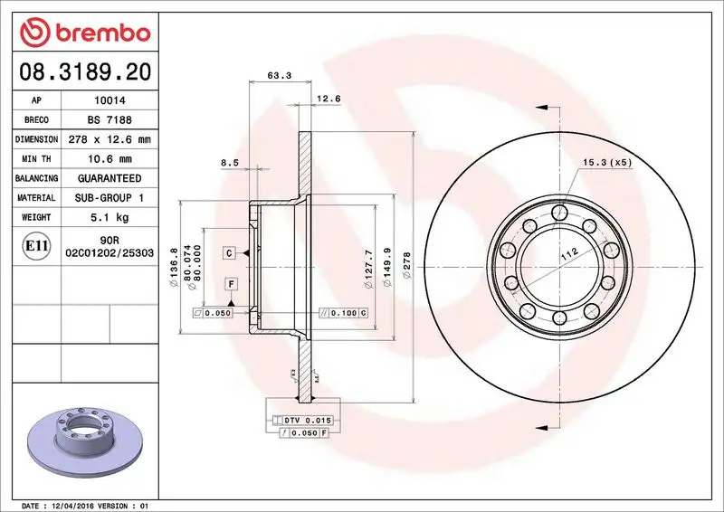 BREMBO 08.3189.20 Ön Fren Diski