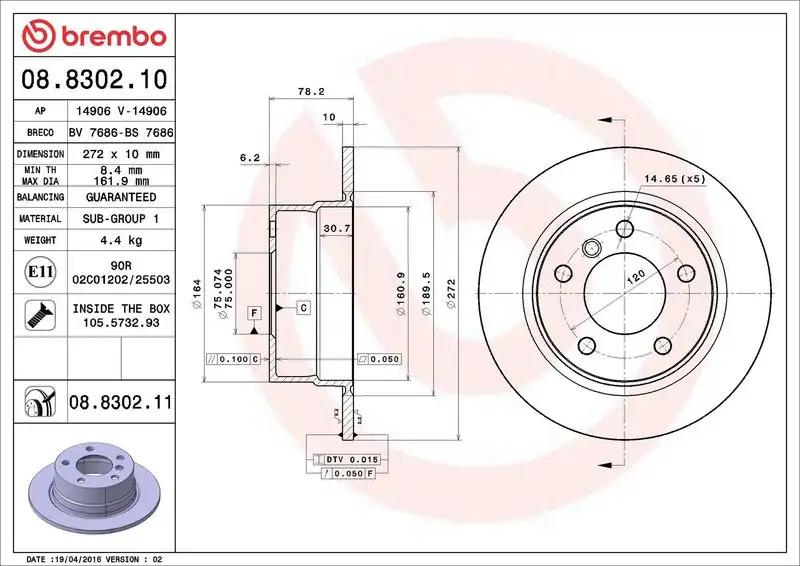 BREMBO 08.8302.11 Arka Fren Diski 34216758552