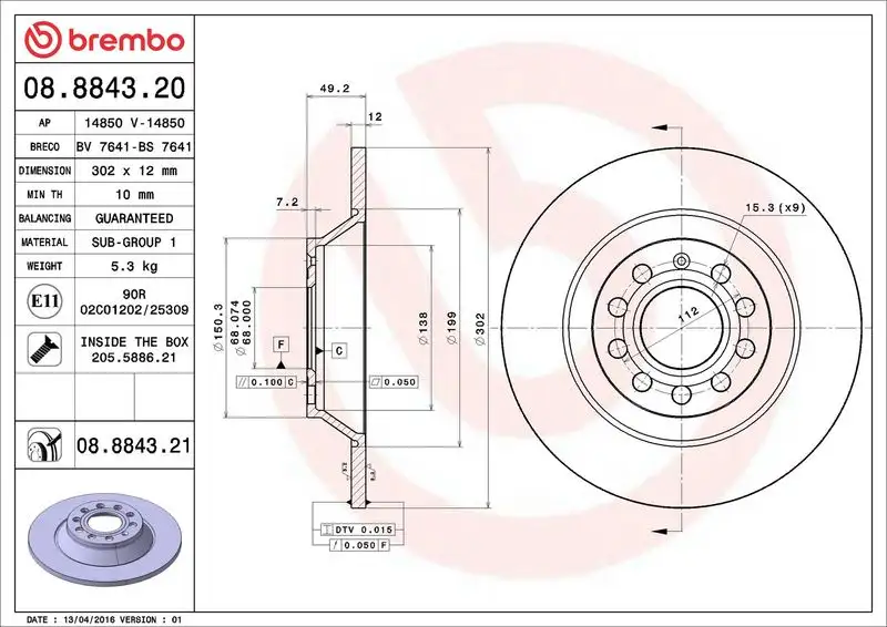 BREMBO 08.8843.21 Arka Fren Diski 4F0615601E