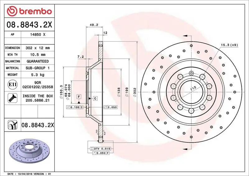 BREMBO 08.8843.2X Arka Fren Diski 4F0615601E
