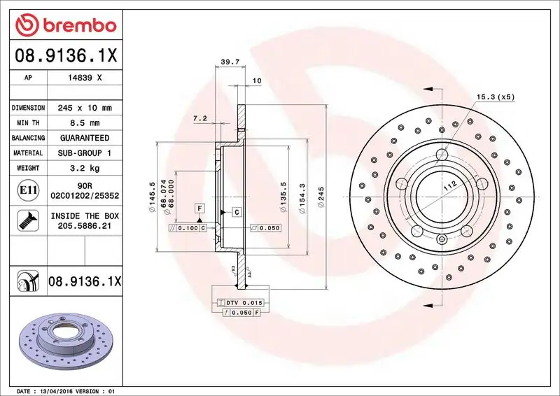 BREMBO 08.9136.1X Arka Fren Diski 8E0615601P