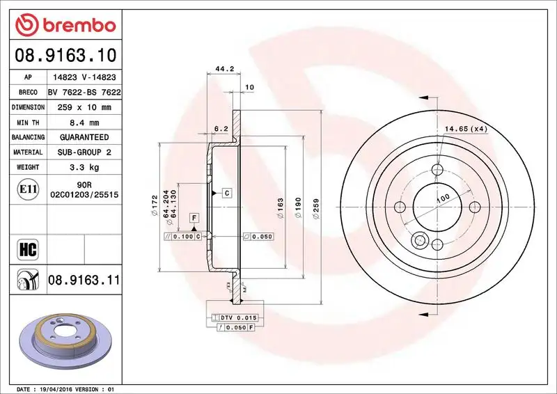BREMBO 08.9163.10 Arka Fren Diski