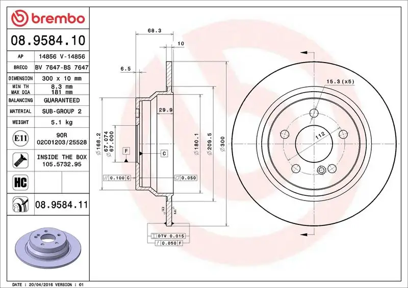 BREMBO 08.9584.10 Arka Fren Diski A2114230712