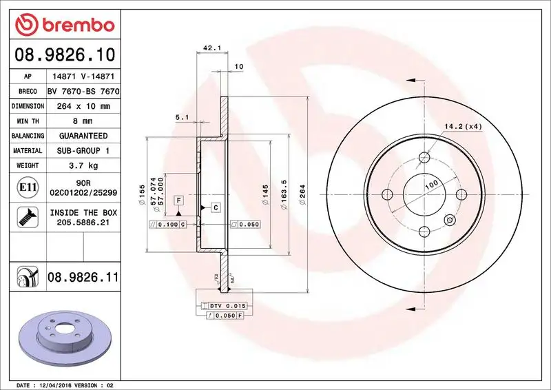 BREMBO 08.9826.10 Arka Fren Diski 93176548