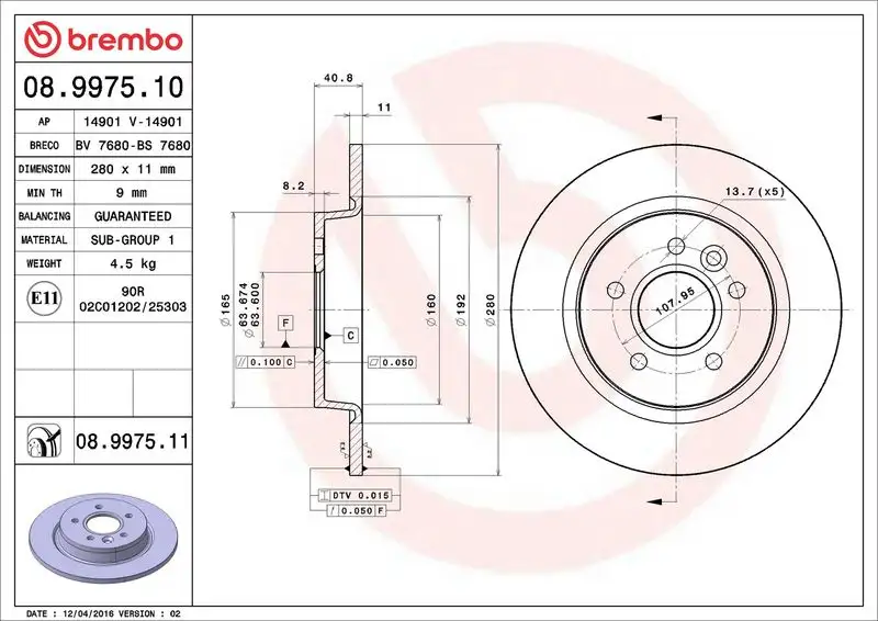 BREMBO 08.9975.11 Arka Fren Diski
