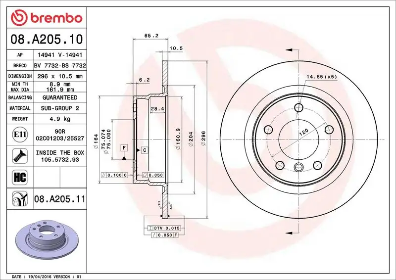 BREMBO 08.A205.10 Arka Fren Diski