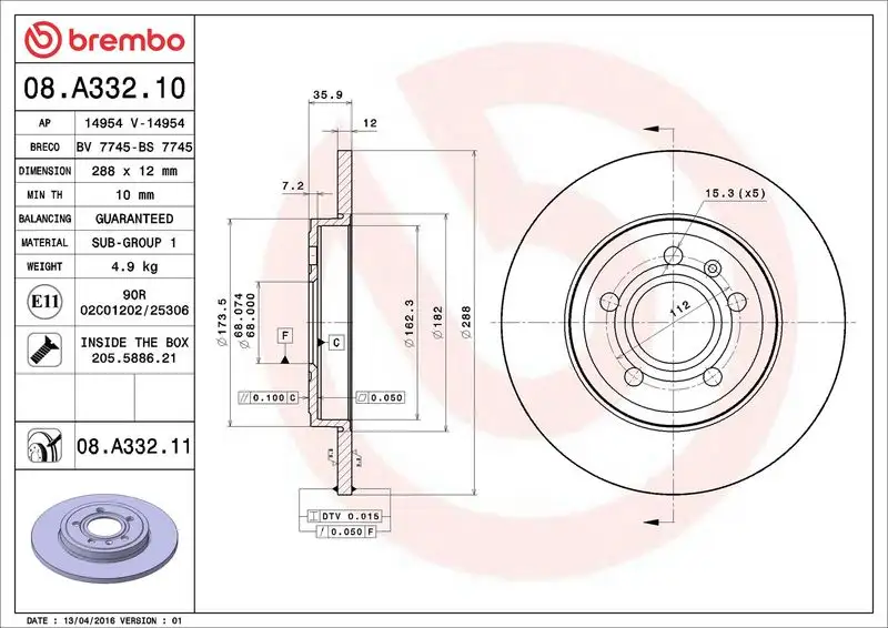 BREMBO 08.A332.11 Arka Fren Diski 8E0615601M