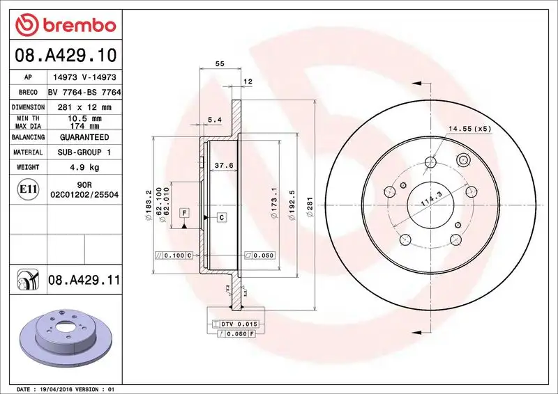 BREMBO 08.A429.10 Arka Fren Diski 424310R020