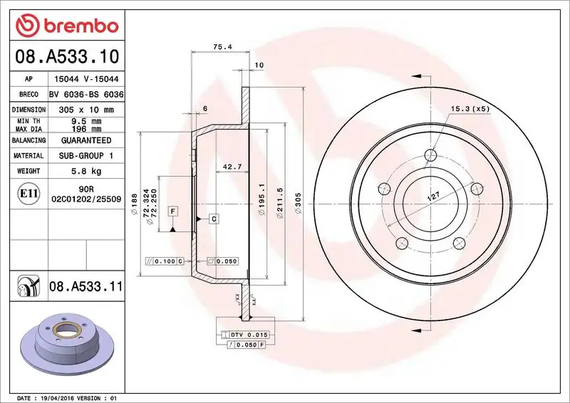 BREMBO 08.A533.11 Arka Fren Diski 52098666AA
