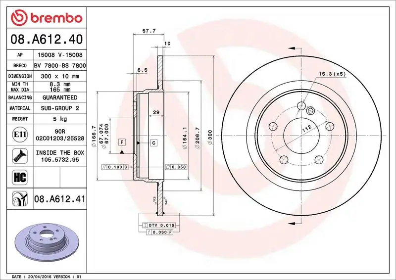 BREMBO 08.A612.41 Arka Fren Diski A2044230912