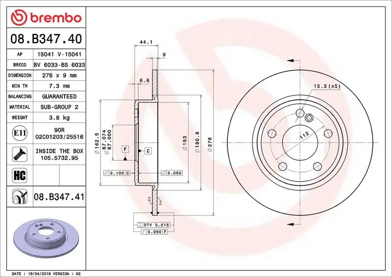 BREMBO 08.B347.41 Arka Fren Diski A2464230012