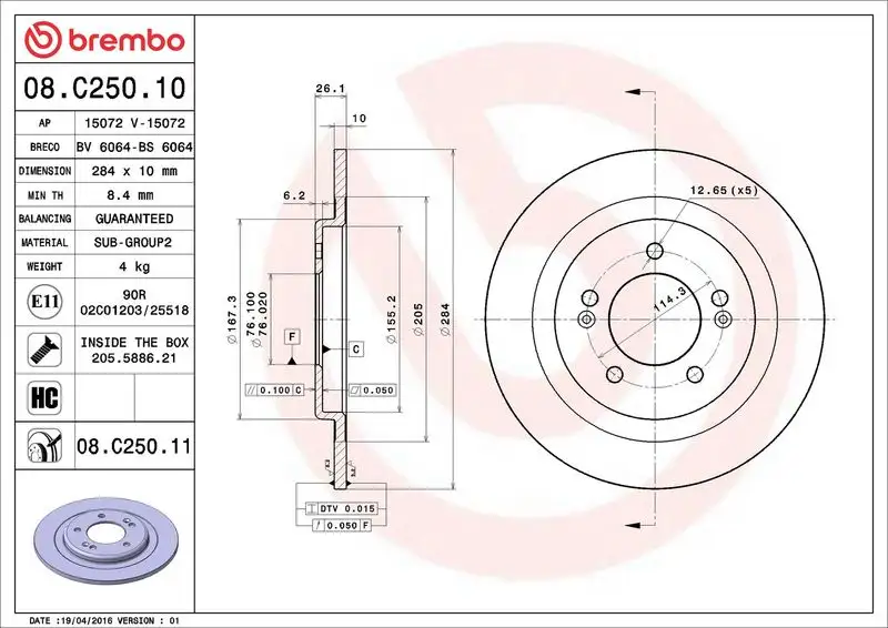 BREMBO 08.C250.11 Arka Fren Diski 58411A6200