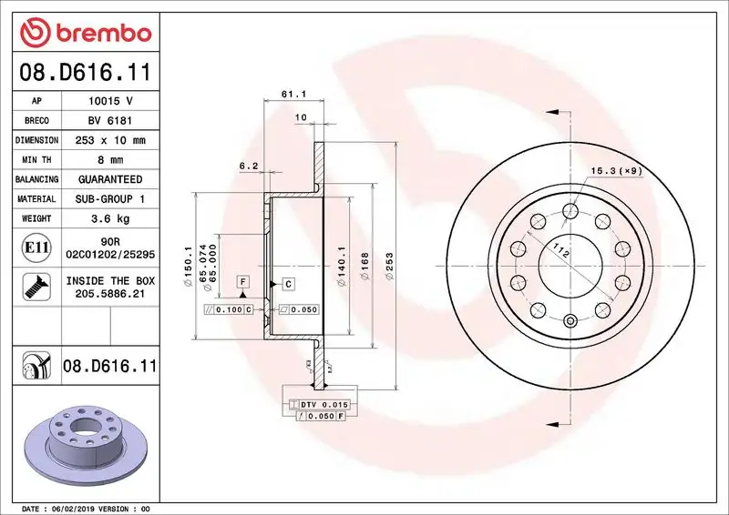 BREMBO 08.D616.11 Arka Fren Diski 5QD615601B