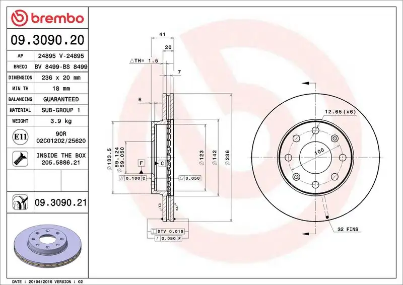 BREMBO 09.3090.20 Ön Fren Diski