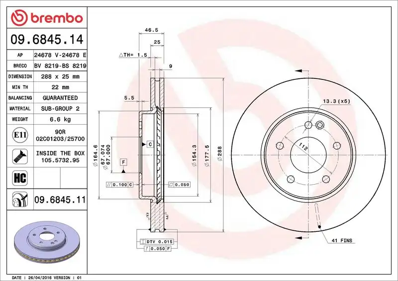 BREMBO 09.6845.11 Ön Fren Diski A2104212412