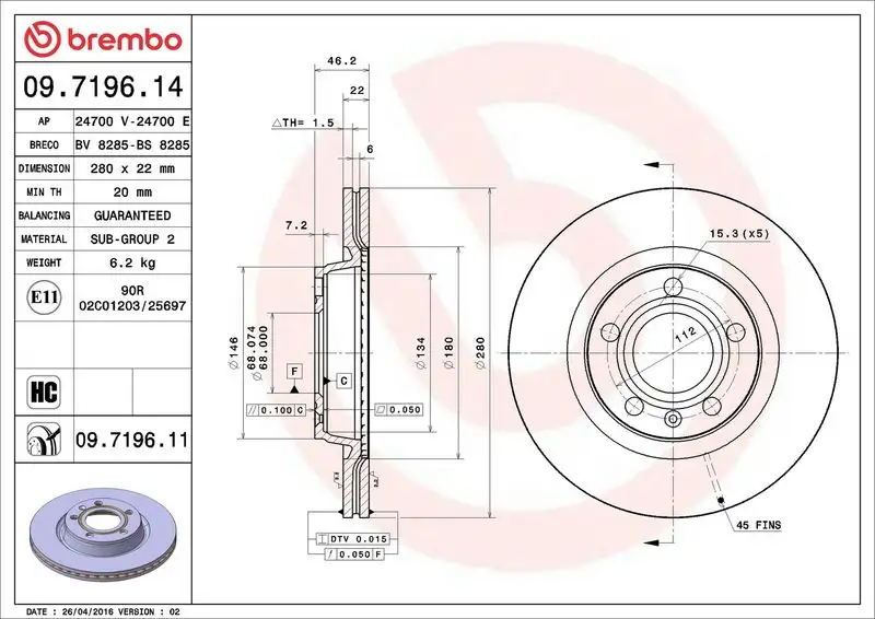 BREMBO 09.7196.14 Ön Fren Diski