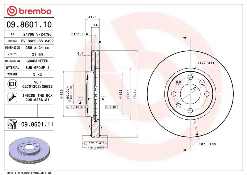 BREMBO 09.8601.11 Ön Fren Diski