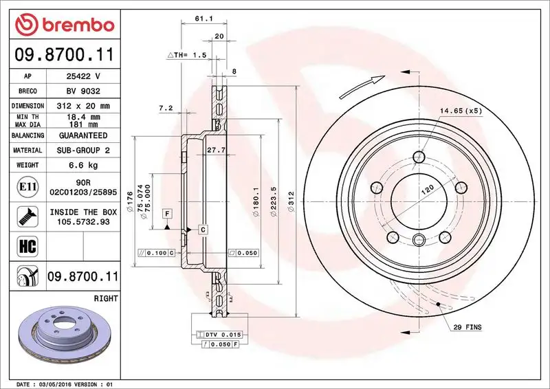BREMBO 09.8700.11 Arka Fren Diski (Sağ) 34212227178