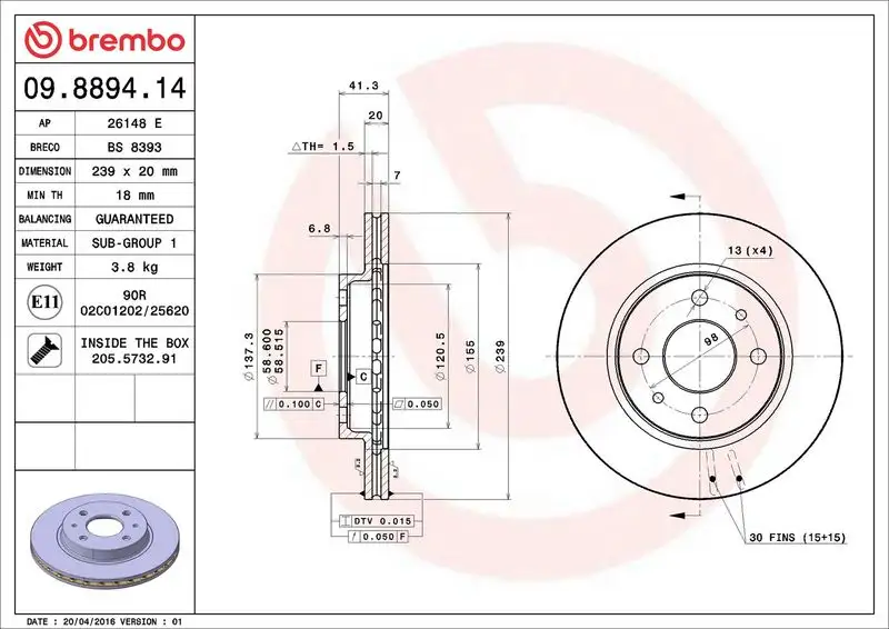 BREMBO 09.8894.14 Ön Fren Diski 21103501070