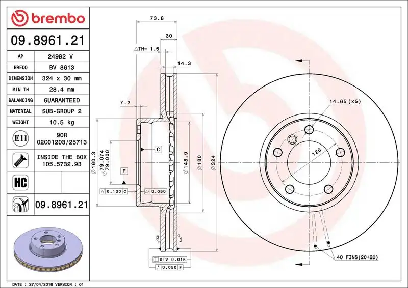 BREMBO 09.8961.21 Ön Fren Diski 34111165859