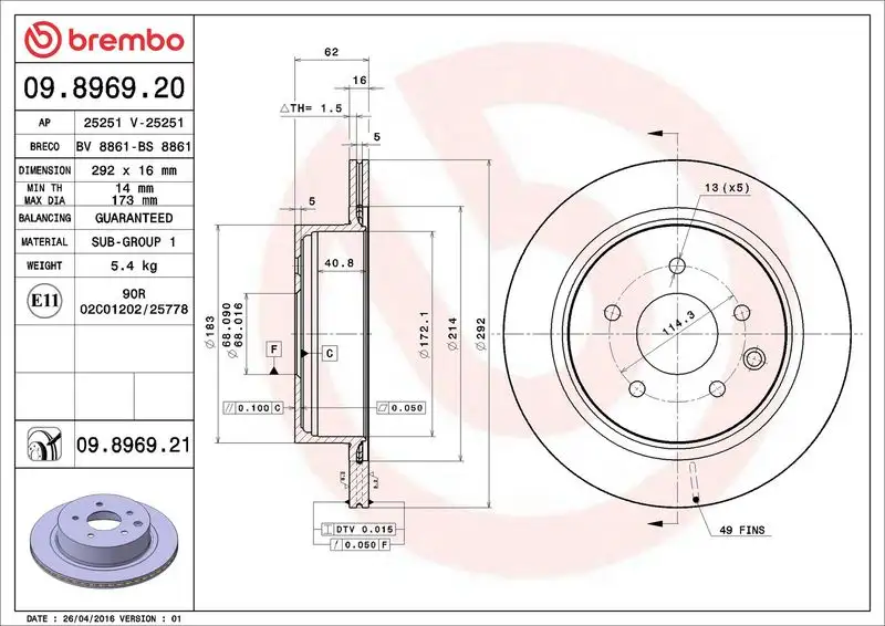 BREMBO 09.8969.20 Arka Fren Diski
