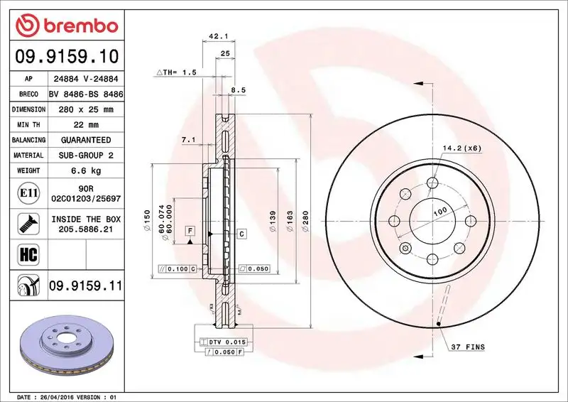 BREMBO 09.9159.10 Ön Fren Diski 93175376