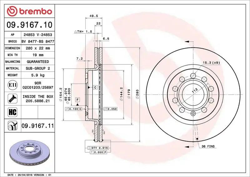 BREMBO 09.9167.10 Ön Fren Diski