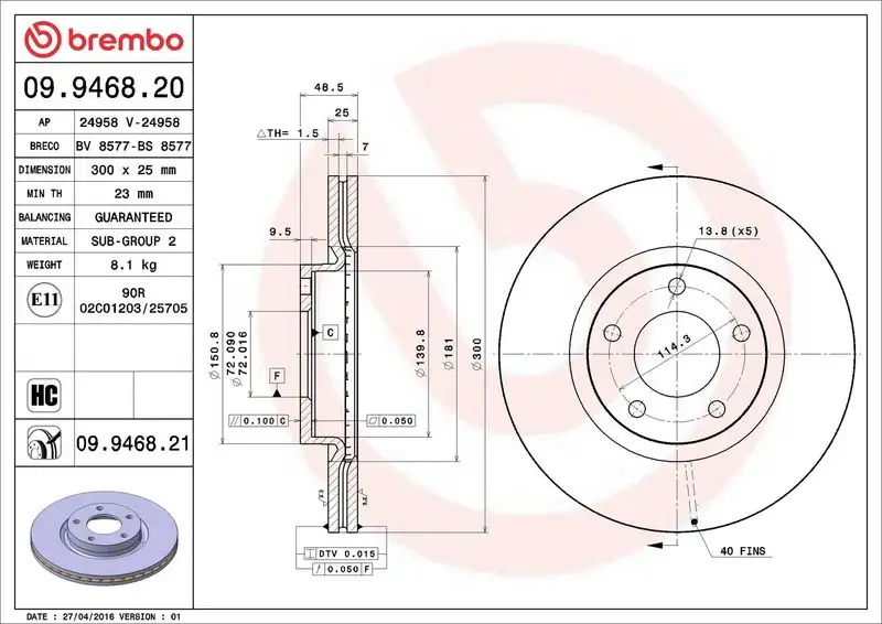 BREMBO 09.9468.20 Ön Fren Diski