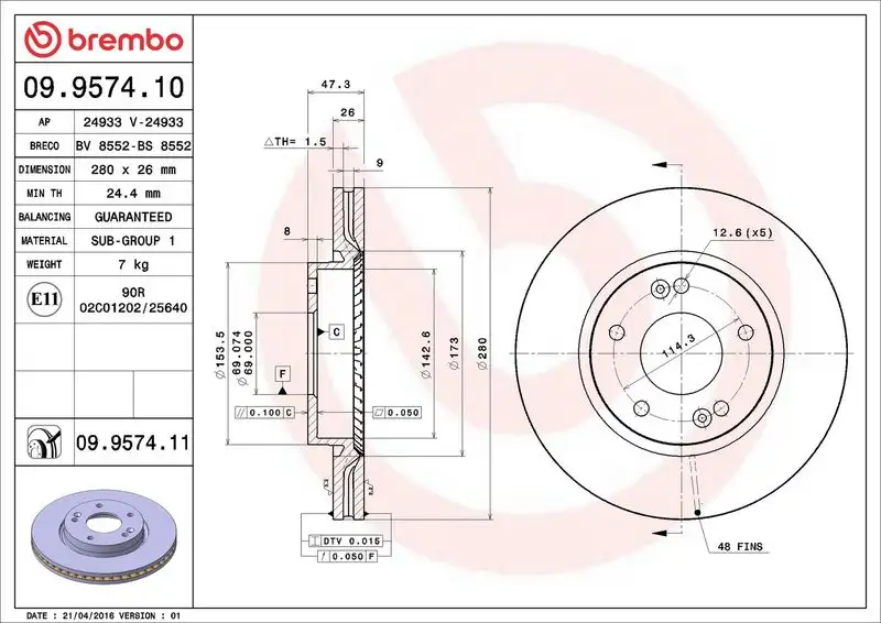 BREMBO 09.9574.10 Ön Fren Diski