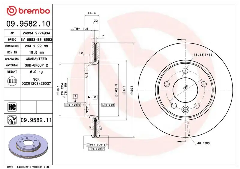 BREMBO 09.9582.10 Arka Fren Diski 7H0615601B