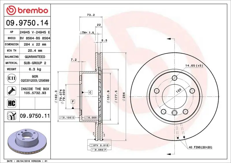 BREMBO 09.9750.11 Ön Fren Diski 34116854996