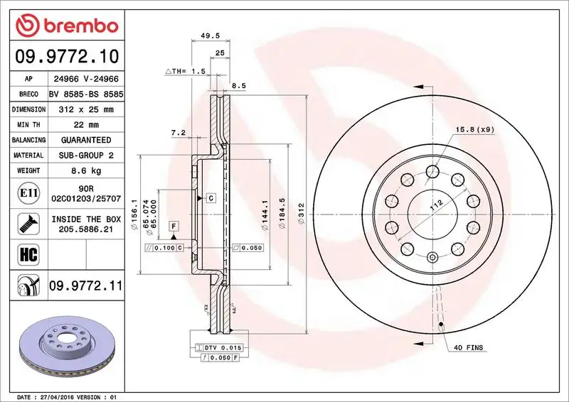 BREMBO 09.9772.10 Ön Fren Diski