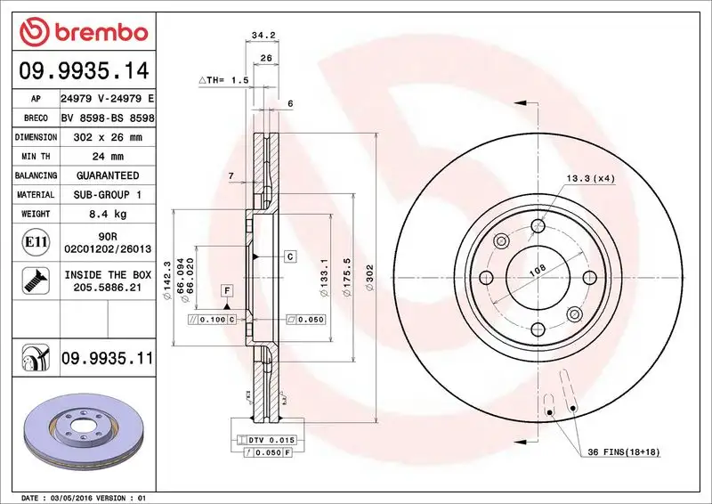 BREMBO 09.9935.14 Ön Fren Diski