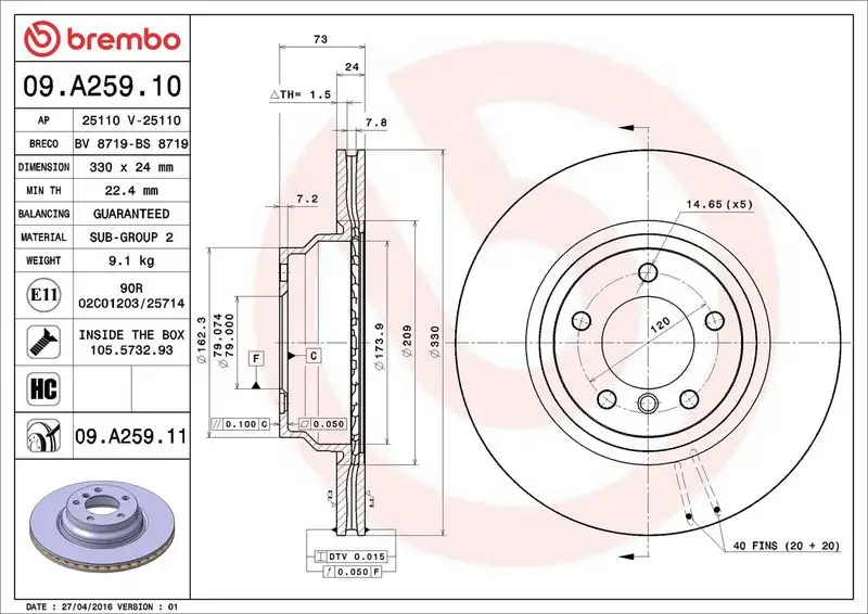 BREMBO 09.A259.11 Ön Fren Diski 34116854999
