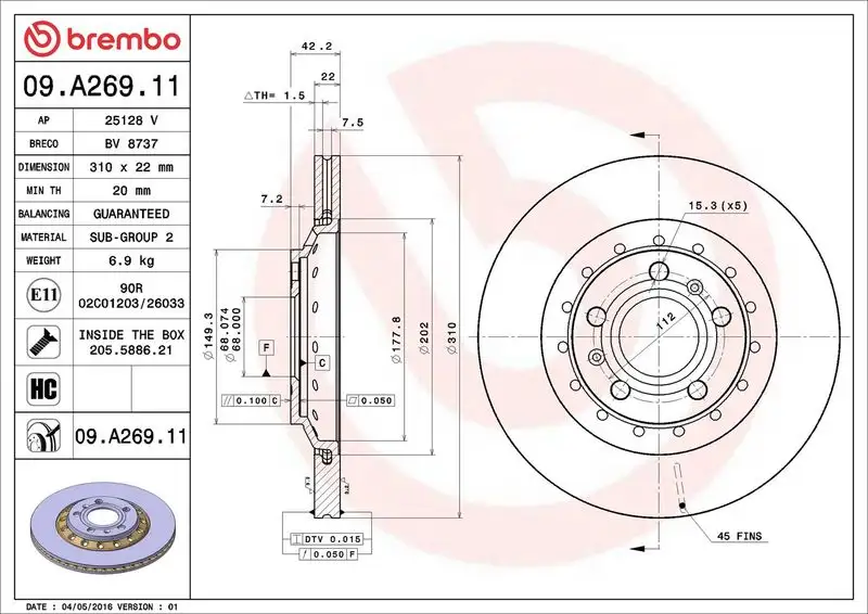 BREMBO 09.A269.11 Arka Fren Diski 4E0615601A
