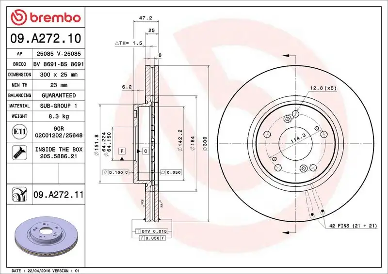 BREMBO 09.A272.11 Ön Fren Diski 45251SEAE30