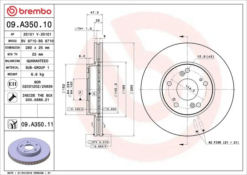 BREMBO 09.A350.11 Ön Fren Diski 45251SEAE00