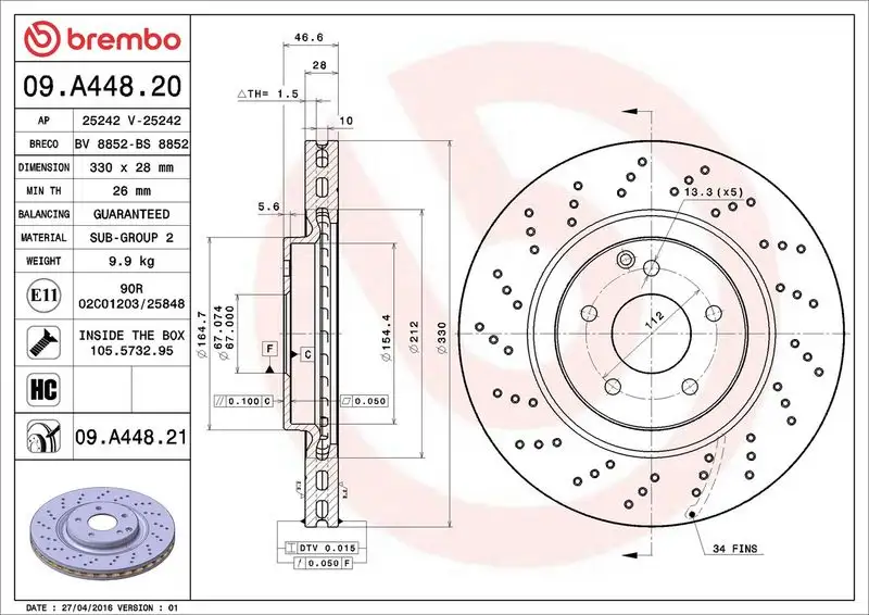 BREMBO 09.A448.21 Ön Fren Diski A2034211312