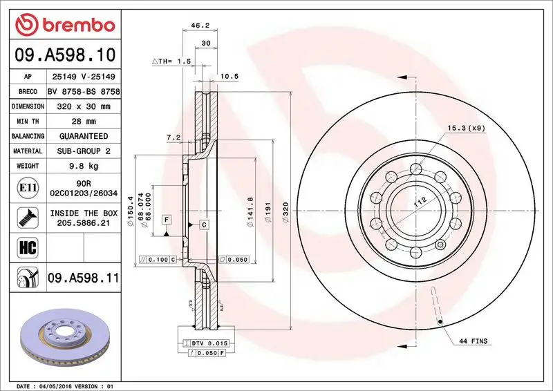 BREMBO 09.A598.11 Ön Fren Diski 8E0615301AD