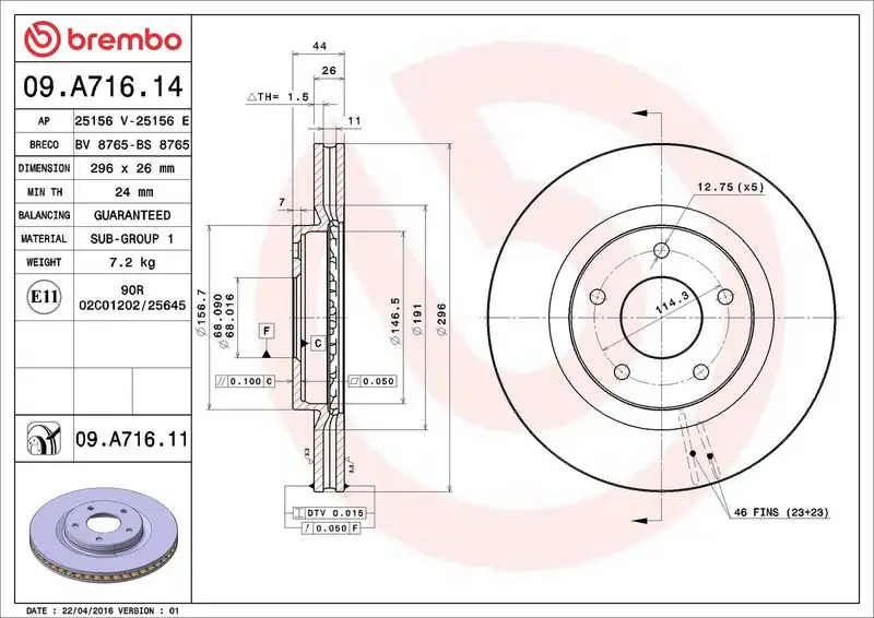 BREMBO 09.A716.14 Ön Fren Diski 40206JD00B