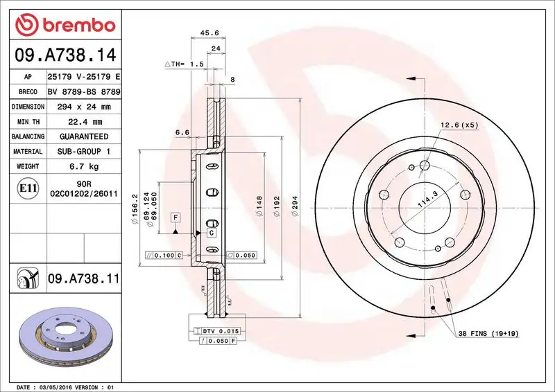 BREMBO 09.A738.14 Ön Fren Diski