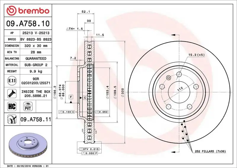 BREMBO 09.A758.11 Ön Fren Diski L8KD615301A
