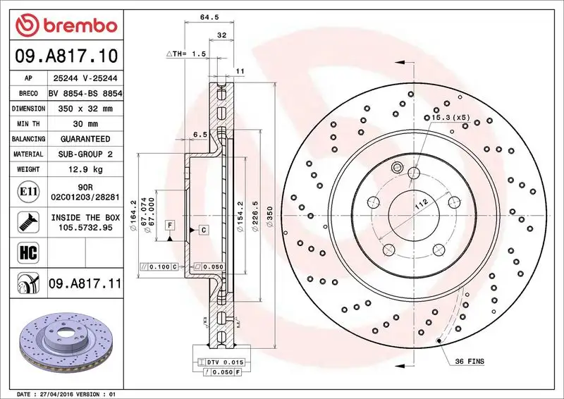 BREMBO 09.A817.11 Ön Fren Diski A2214211112