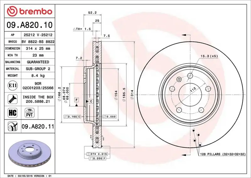 BREMBO 09.A820.10 Ön Fren Diski