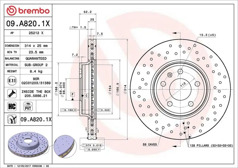 BREMBO 09.A820.1X Ön Fren Diski