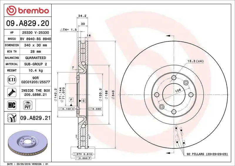 BREMBO 09.A829.21 Ön Fren Diski 1618864780