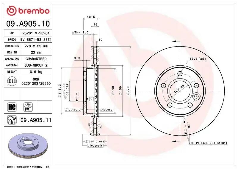 BREMBO 09.A905.10 Ön Fren Diski