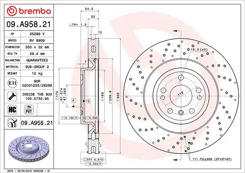 BREMBO 09.A958.21 Ön Fren Diski A1664211012